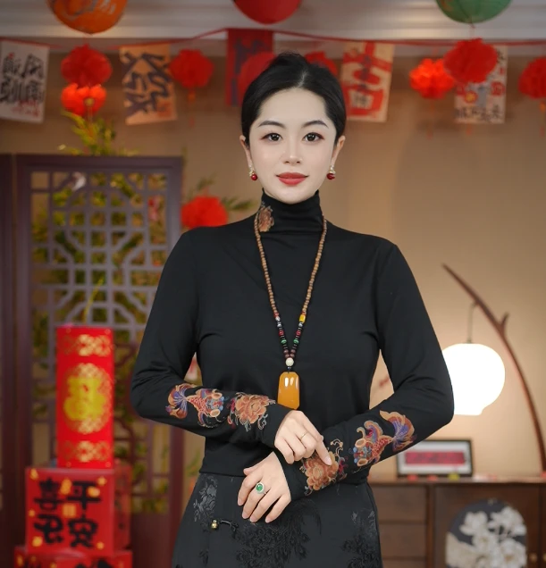 【福气锦鲤.单】新中式国风高领长袖刺绣打底衫