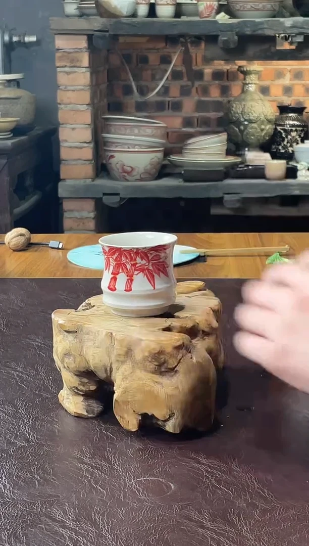 43号纯手工竹节杯红绿磁州窑