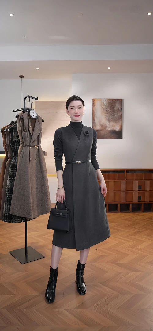 【WW】复古风显瘦默认款式连衣裙女装轻奢秋冬时尚 H-1773