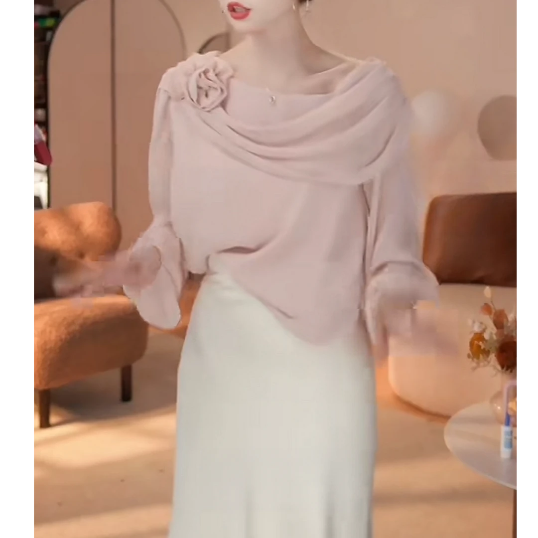 法式气质灯笼袖衬衫女2025秋季新款时尚长袖立体花朵上衣女1320