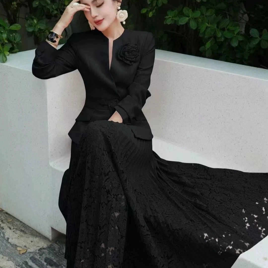 西装纱裙套装慵懒小香风春季气质显瘦西装外套高腰名媛女神范套装