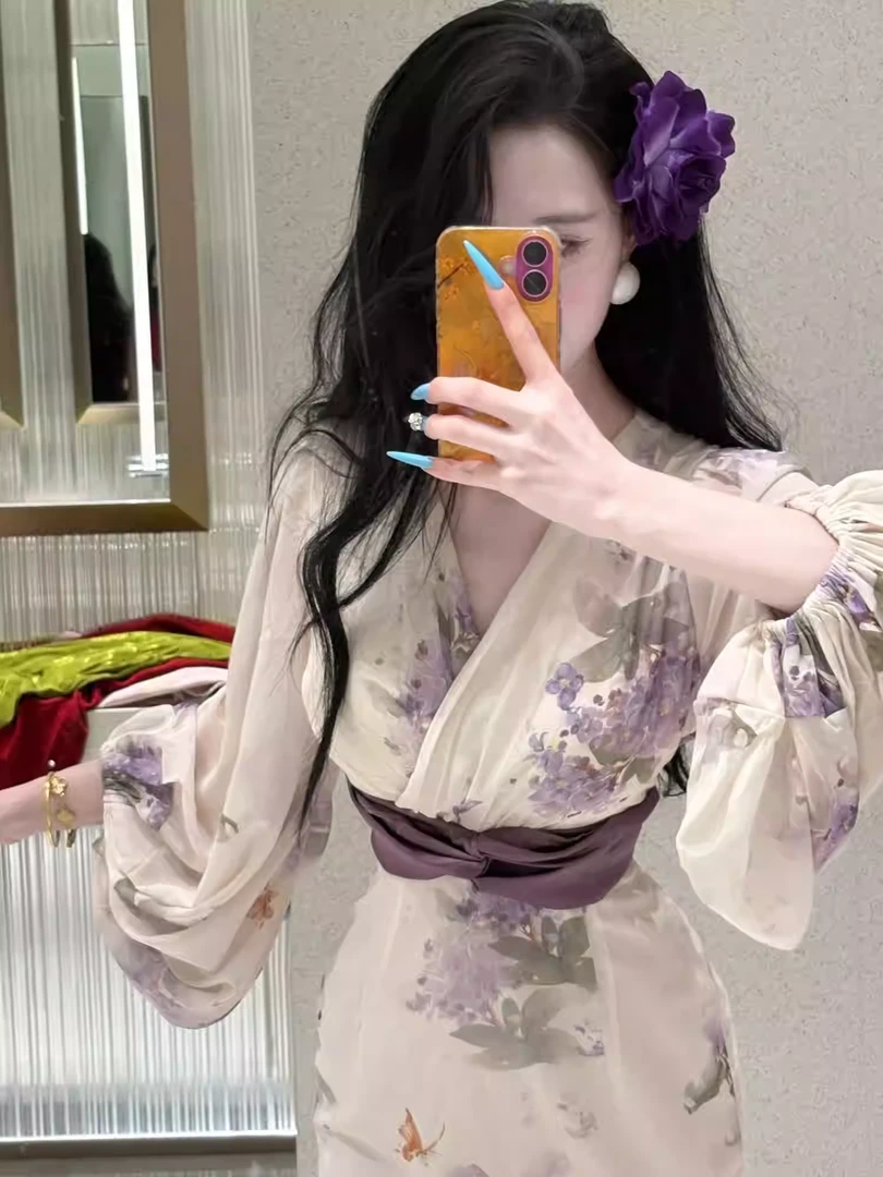 画报夫人原创自制氛围感神明少女碎花连衣裙显瘦 墨染紫梦