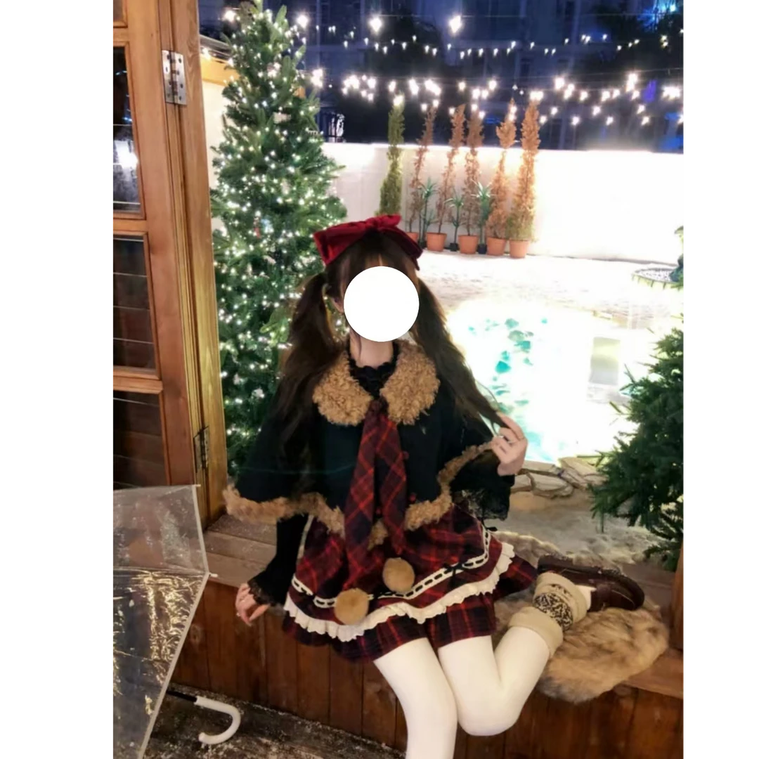 【圣诞恋歌】秋冬收腰显瘦学院风甜美圣诞假两件格纹套装