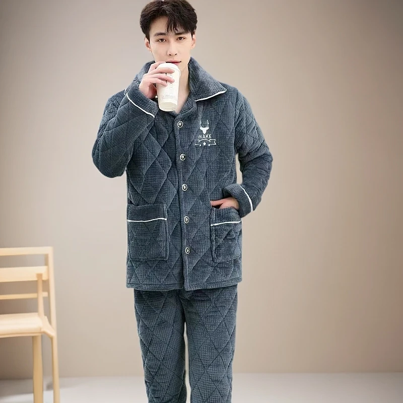冬季男士加绒加厚【睡衣】三层夹棉保暖休闲家居服套装大码男款
