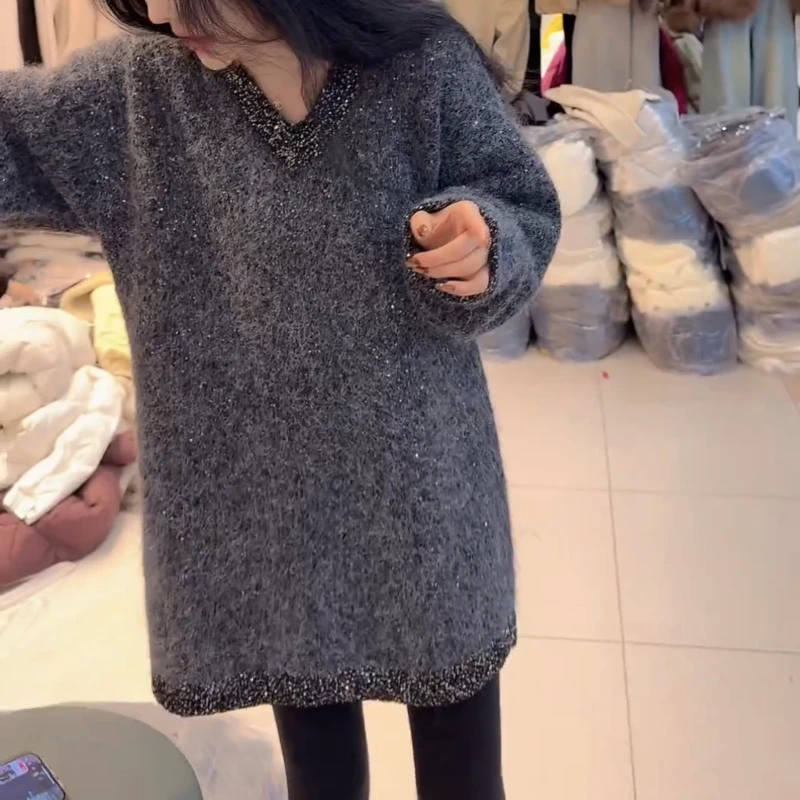 冬季针织V领亮晶晶中长款毛针织衫宽松ins时尚百搭上衣LK2508410