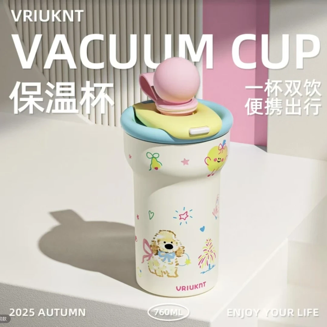 波点保温杯女生高颜值新款大容量吸管杯子学生不锈钢便携半