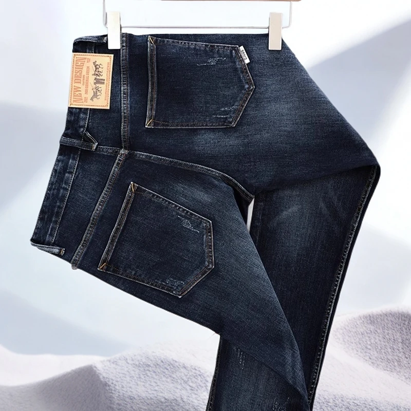 宾斯洛特时尚休闲男士潮流牛仔裤男修身直筒蓝黑色弹力新款男长裤