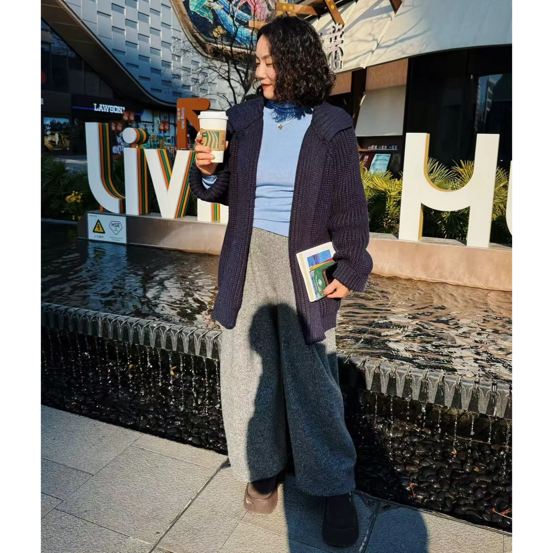 立领牛角扣韩版通勤宽松女士毛衣白色长袖百搭