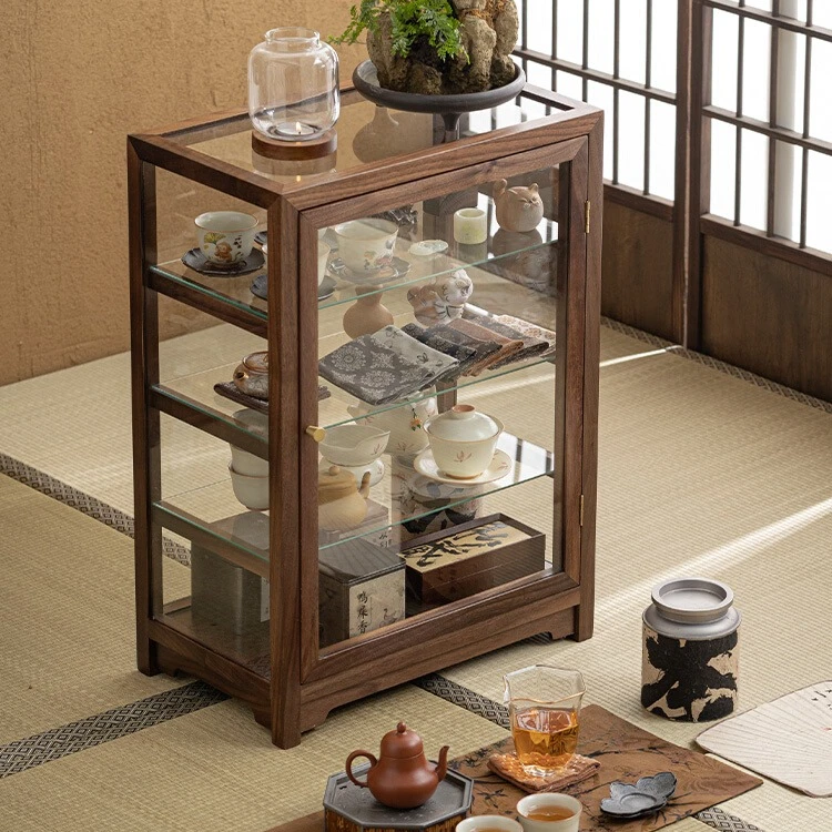 胡桃木实木透明玻璃文玩展示柜落地一体桌面客厅防尘收纳储物柜子
