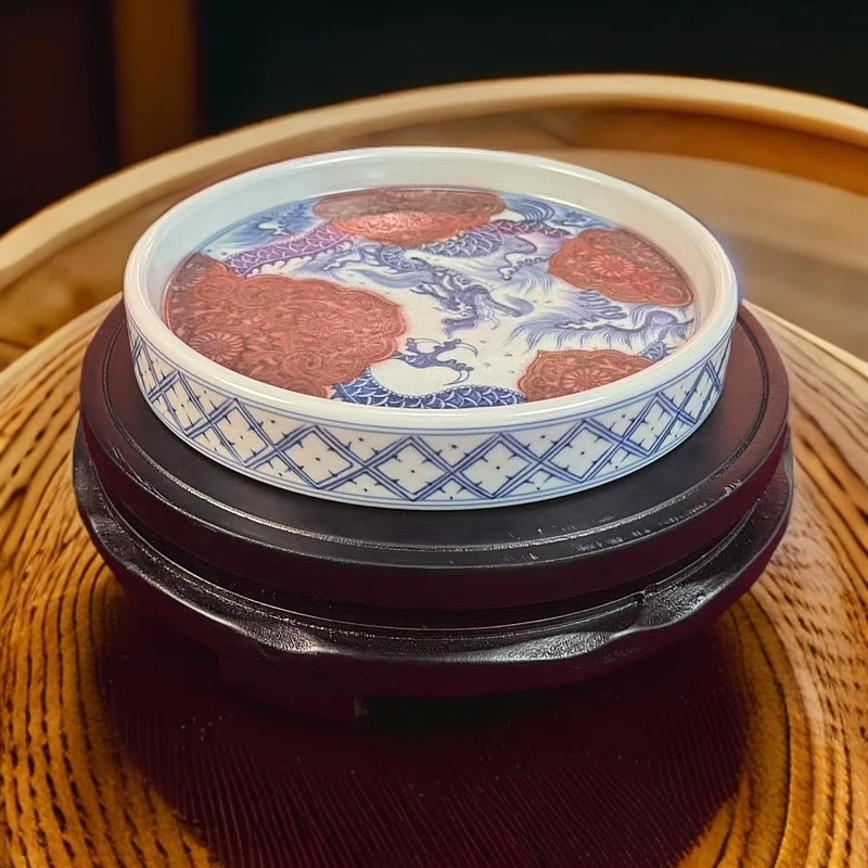 【景德镇】手工手绘青花釉里红龙纹壶承