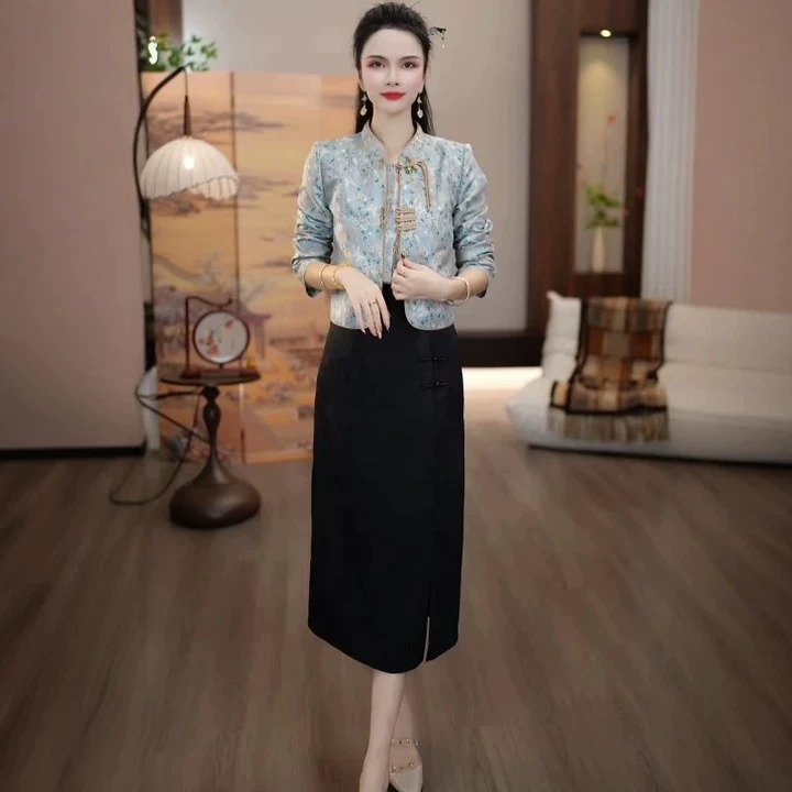 高档缎绣外套裙子两件套装礼服裙2025秋季新款新中式优雅连衣裙
