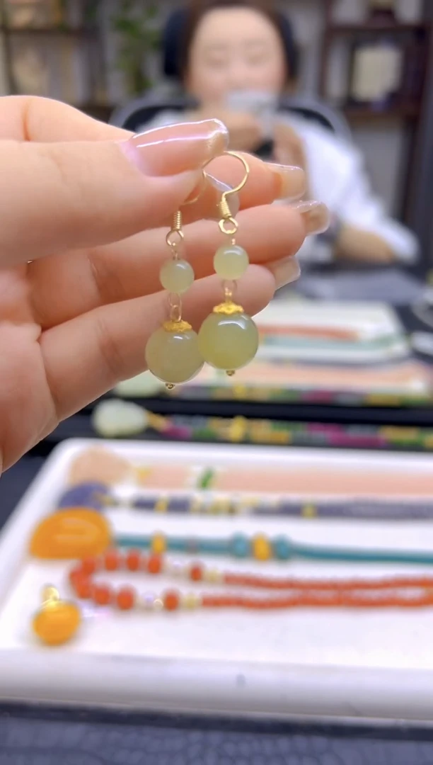 和田玉14K金镶嵌耳饰DIY款E774