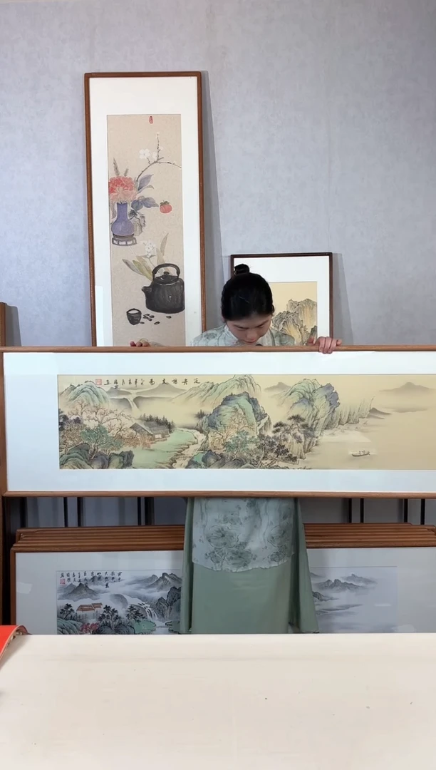 国画手绘*泛舟访友*52*172cm带框发货