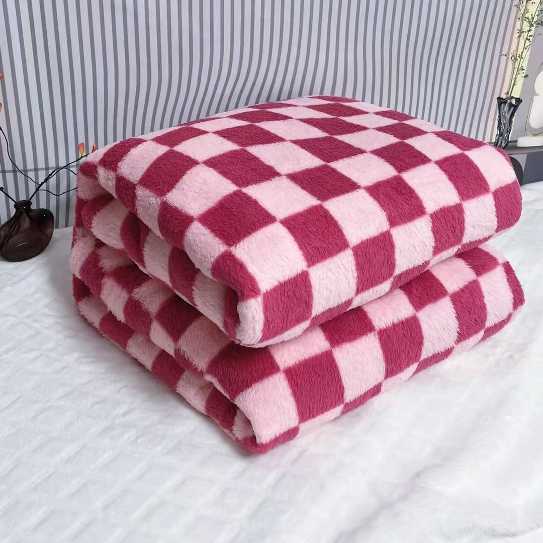 【秋冬新款】粉色棋盘格印染毛毯.浮雕工艺.加厚.速热款.亲肤.加绒.