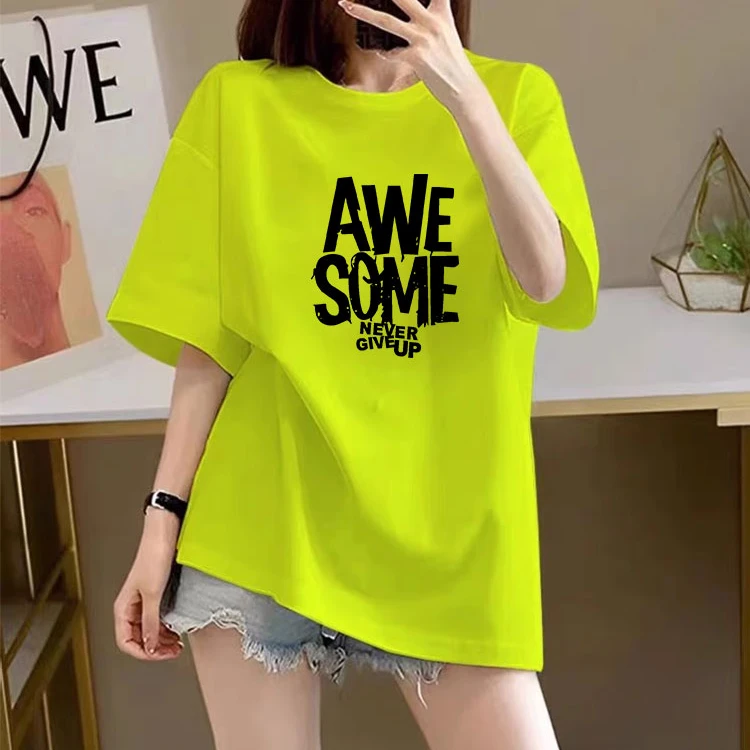 设计感时尚短袖慵懒风印花休闲风字母T恤长款韩版ins减龄圆领上衣