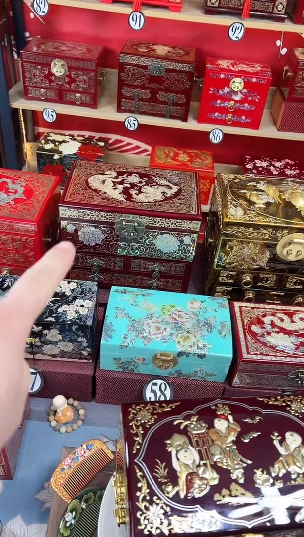 难**度28厘米四层三抽掐丝螺钿镶嵌酒红龙凤呈祥