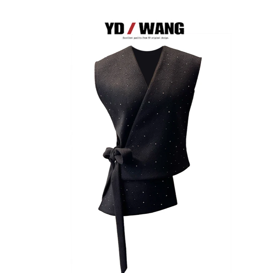 【YD精选】星点叠襟V领上衣 设计款时尚休闲马甲外套