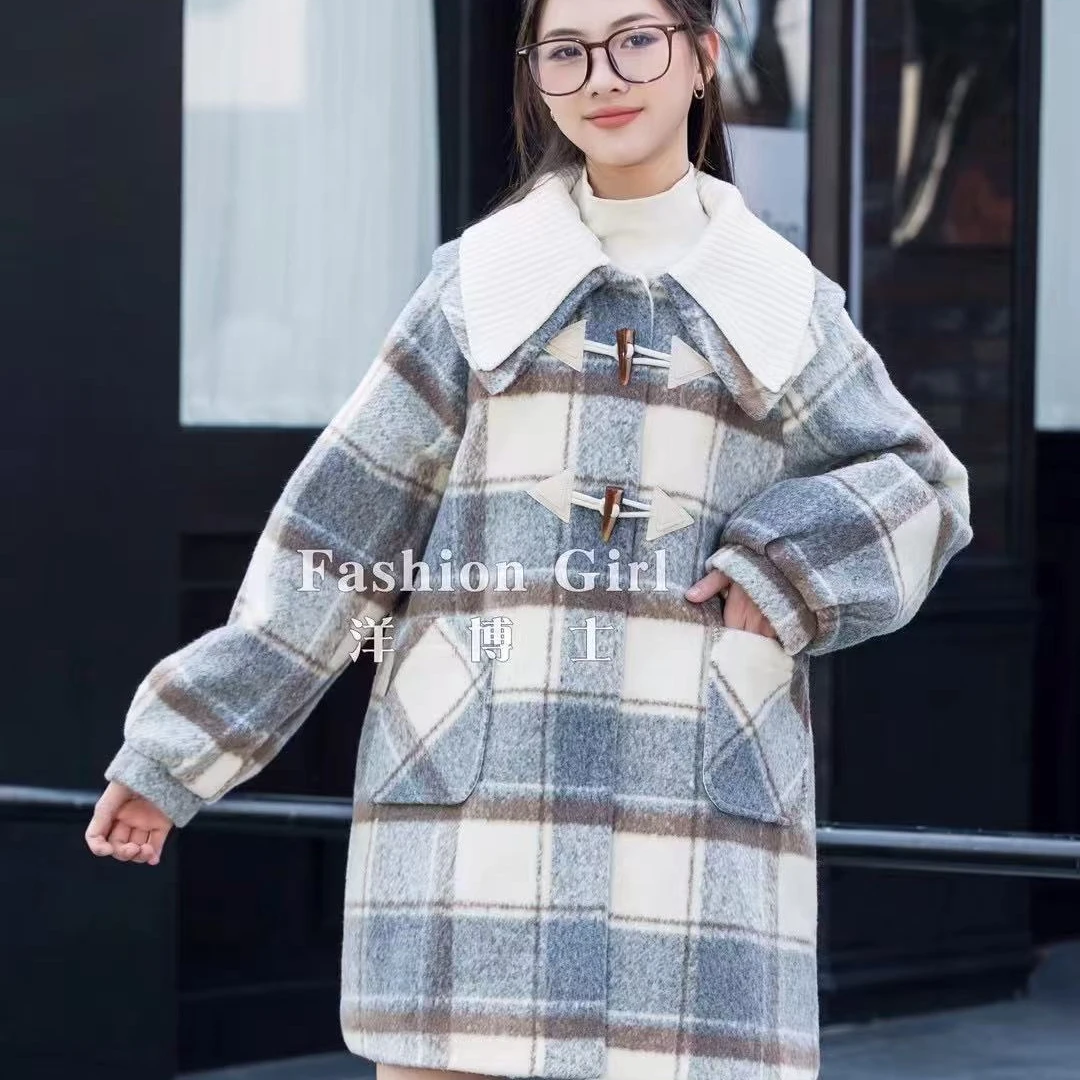 新年年款女大童格子毛呢大衣洋博士24042