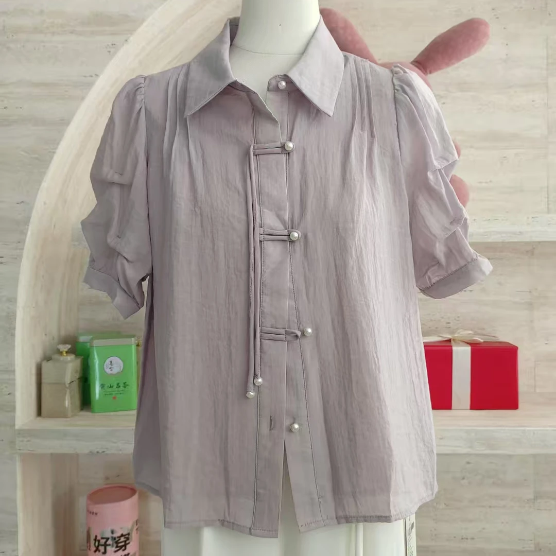 泡泡袖紫色国风立领三分袖复古短袖衬衫休闲青夏季