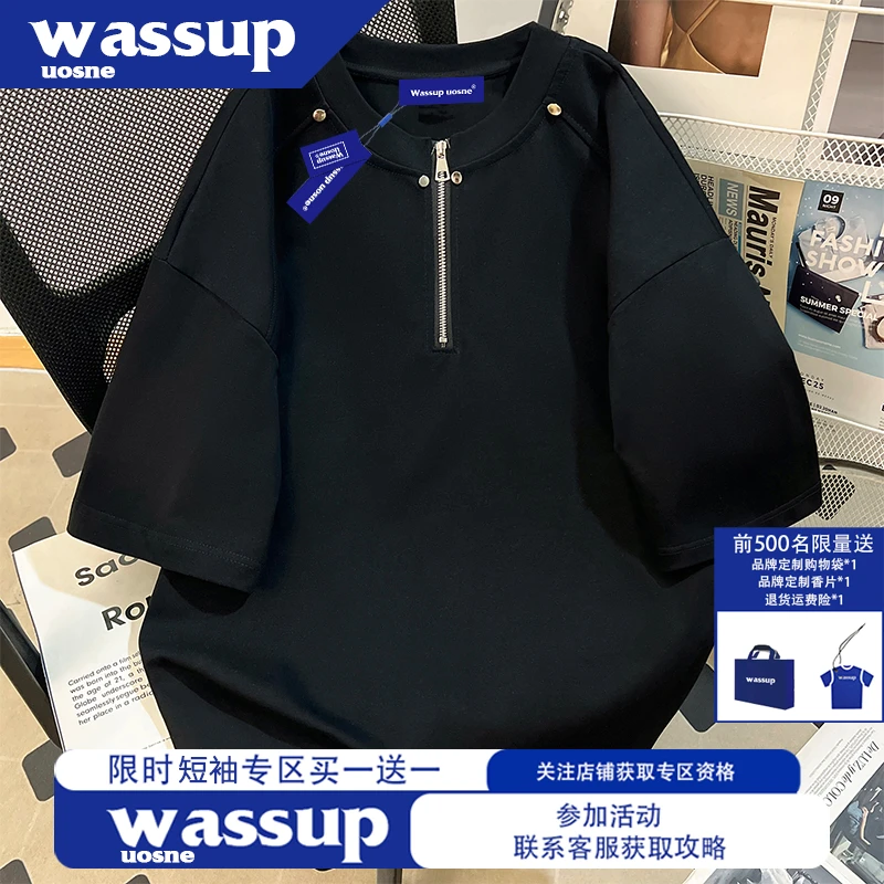 重磅纯棉半拉链黑色短袖T恤男夏季美式高街潮牌半袖爆款2025新款