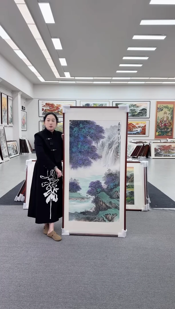 国画手绘 春山观瀑 172*85