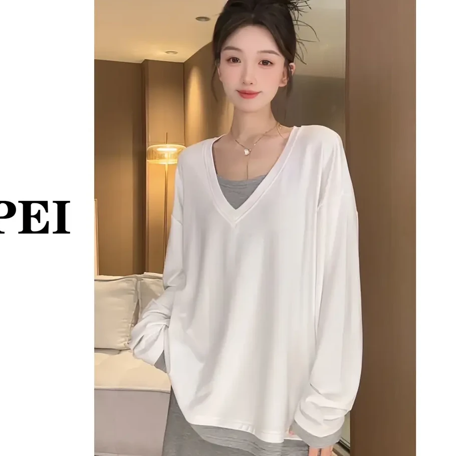 假两件V领大领口慵懒秋季纯色宽松百搭休闲大版长袖T恤女