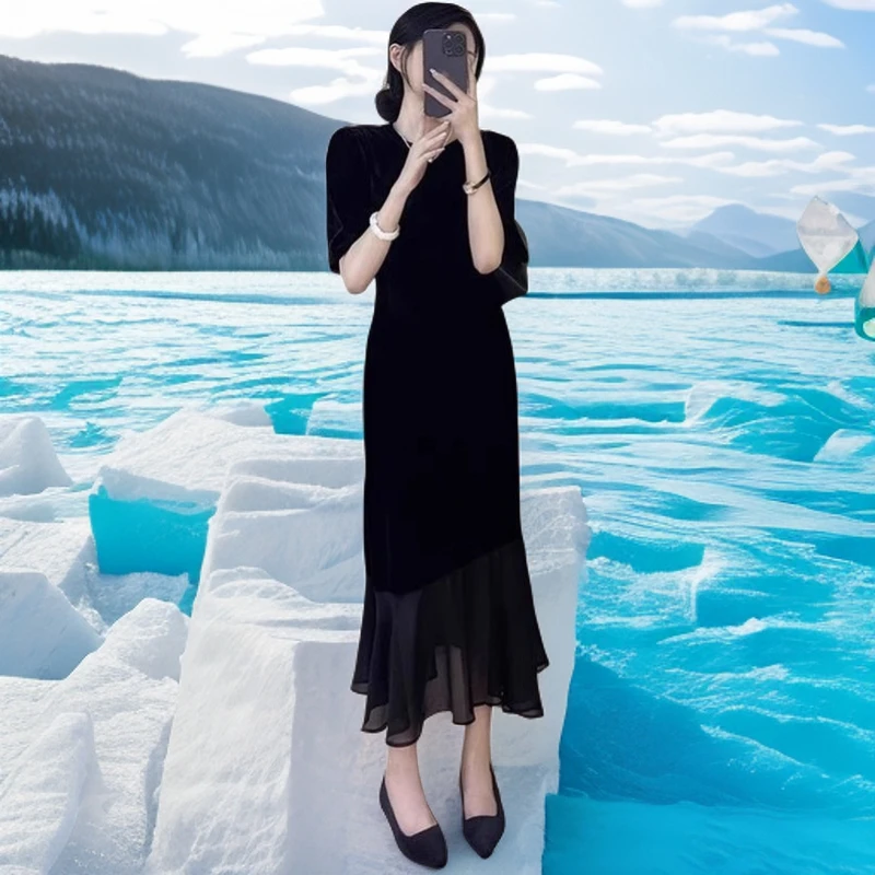 法式长裙网纱小黑裙气质女夏季温柔系显瘦拼接设计感连衣裙