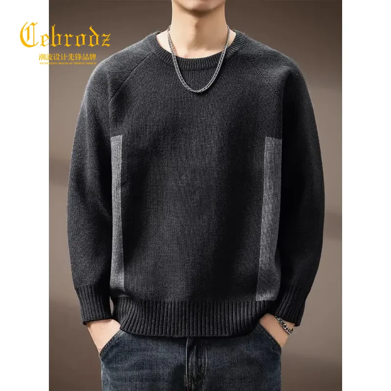 法国Cebrodz美式拼接圆领毛衣2025秋潮牌宽松撞色休闲针织外套