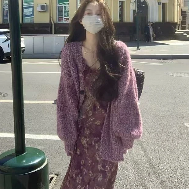 【定制加厚】温柔风紫色毛衣外套女秋季慵懒风加厚韩系宽松针织开衫