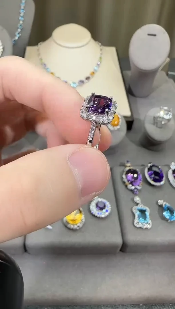 银S925镶嵌戒指紫晶9mm戒指简约款