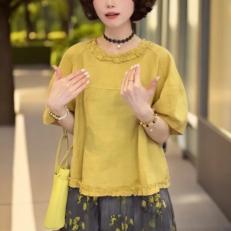 女士亚麻木耳边短袖衬衫夏季2025新款时尚洋气减龄独特超好看上衣