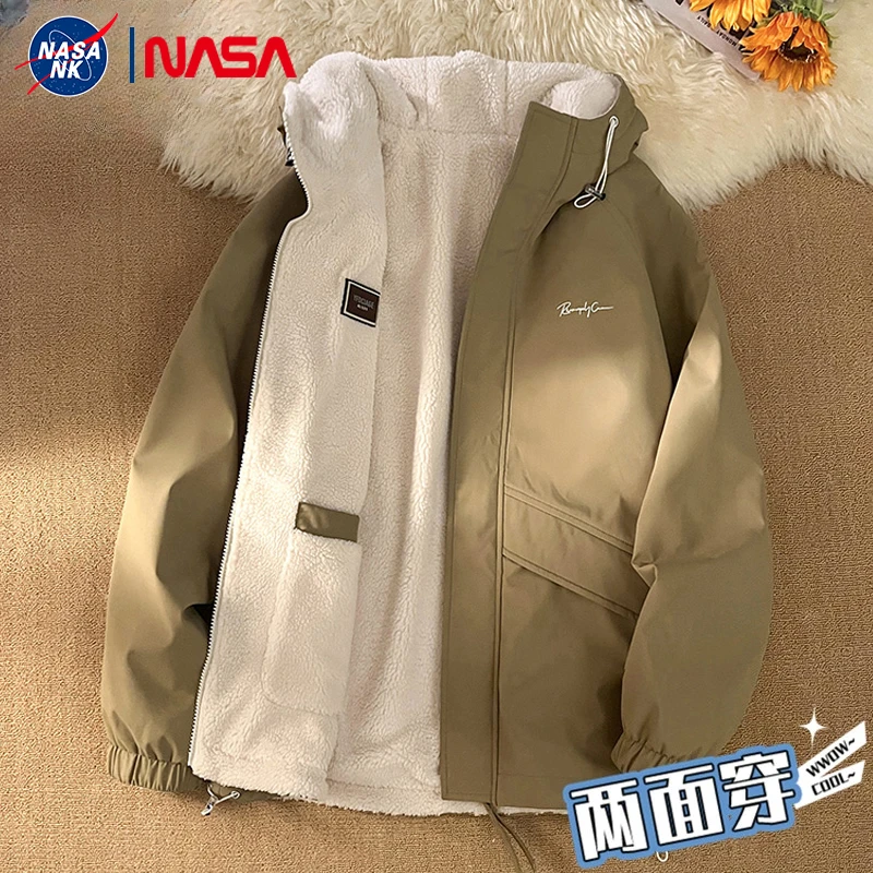 NASA加绒加厚外套男士秋冬季衣服潮牌连帽两面穿户外保暖棉衣