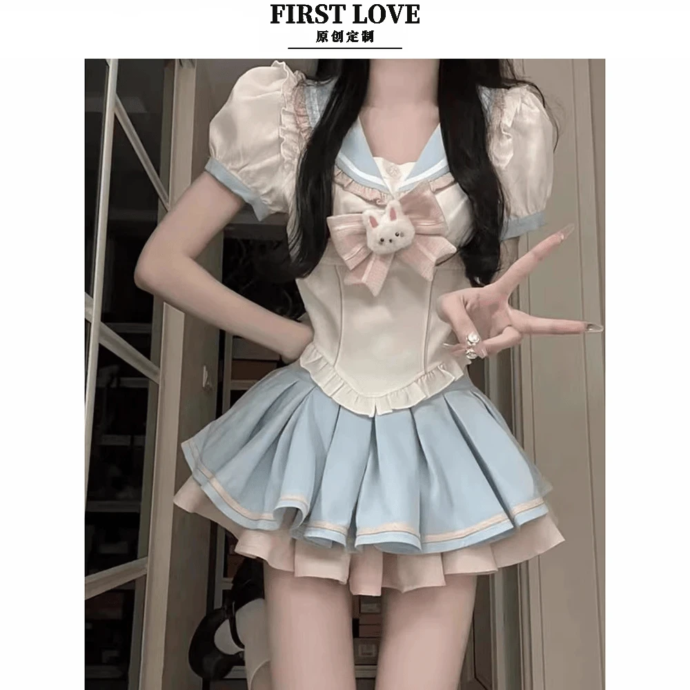 jk制服少女感甜妹套装荷叶边蝴蝶结小衬衣修身高腰蓬蓬短裙两件套