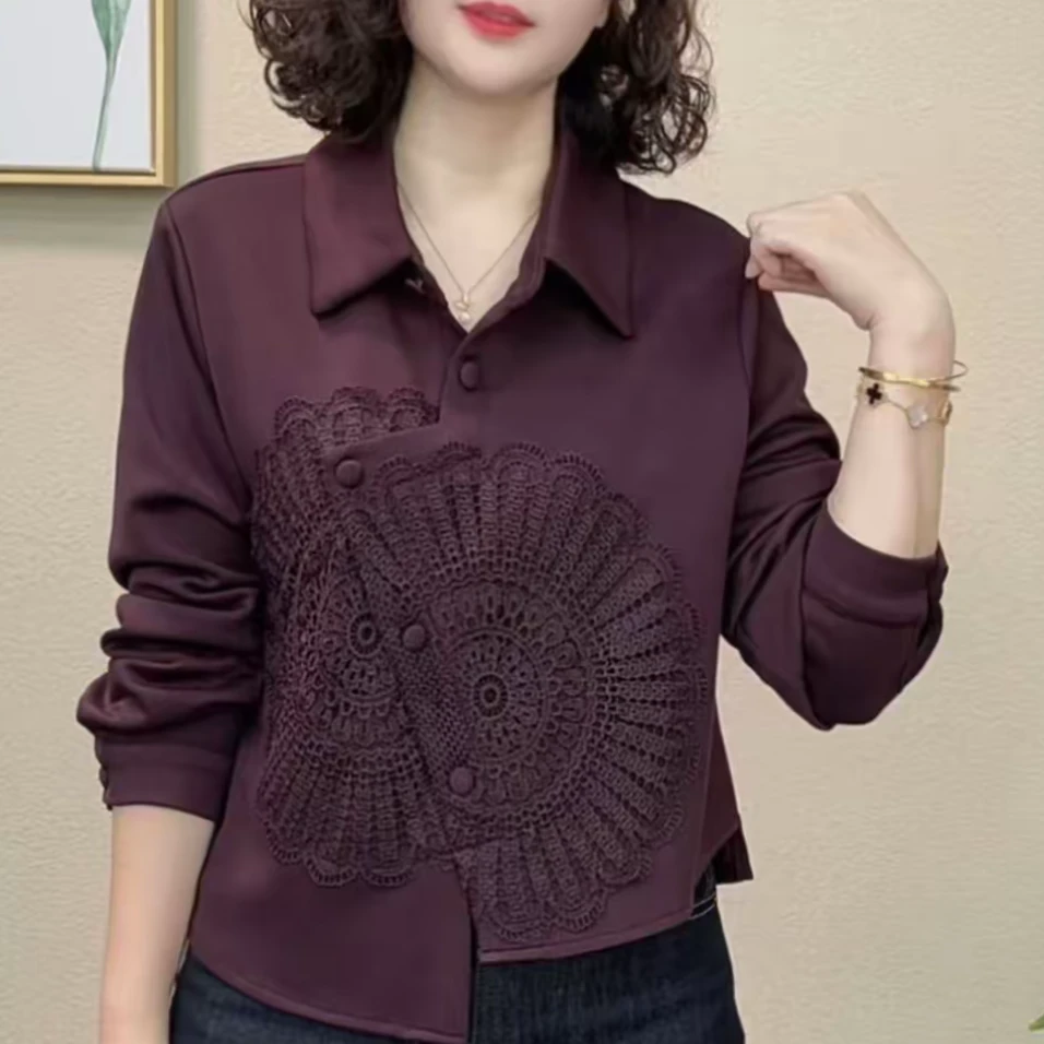 秋季新款时尚洋气翻领长袖拼接新中式蕾丝显瘦减龄设计感纯色上衣