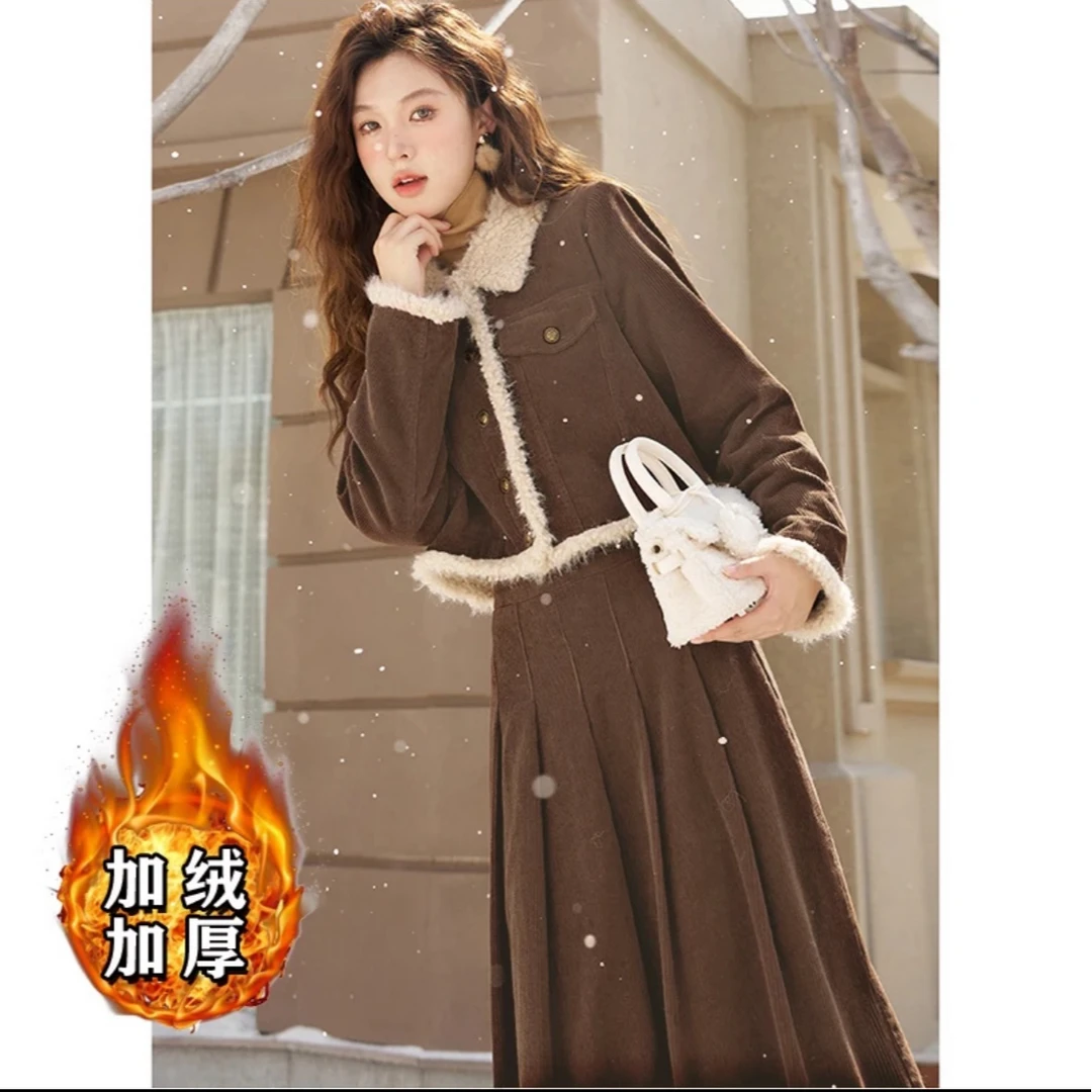【清仓】胖妹妹加厚灯芯绒套装女秋冬新款毛领外套半身裙两件套1642