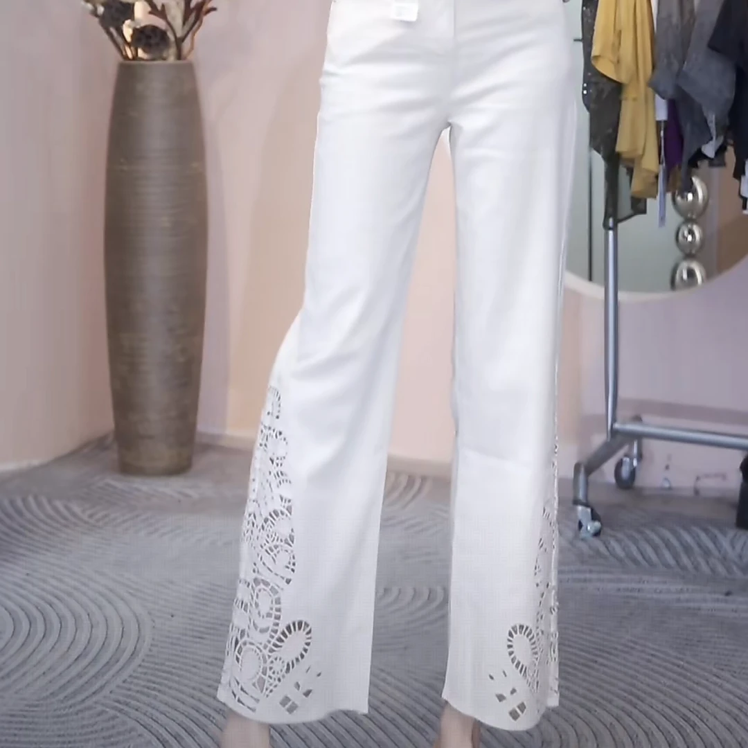 现货丽丽家 白色度假风重工镂空刺绣微喇牛仔裤