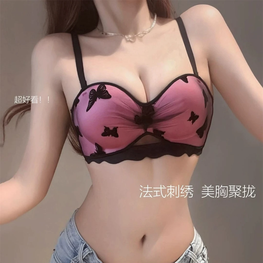 漫画蝴蝶蕾丝刺绣少女小胸聚拢显大内衣半杯无肩带文胸防滑透气