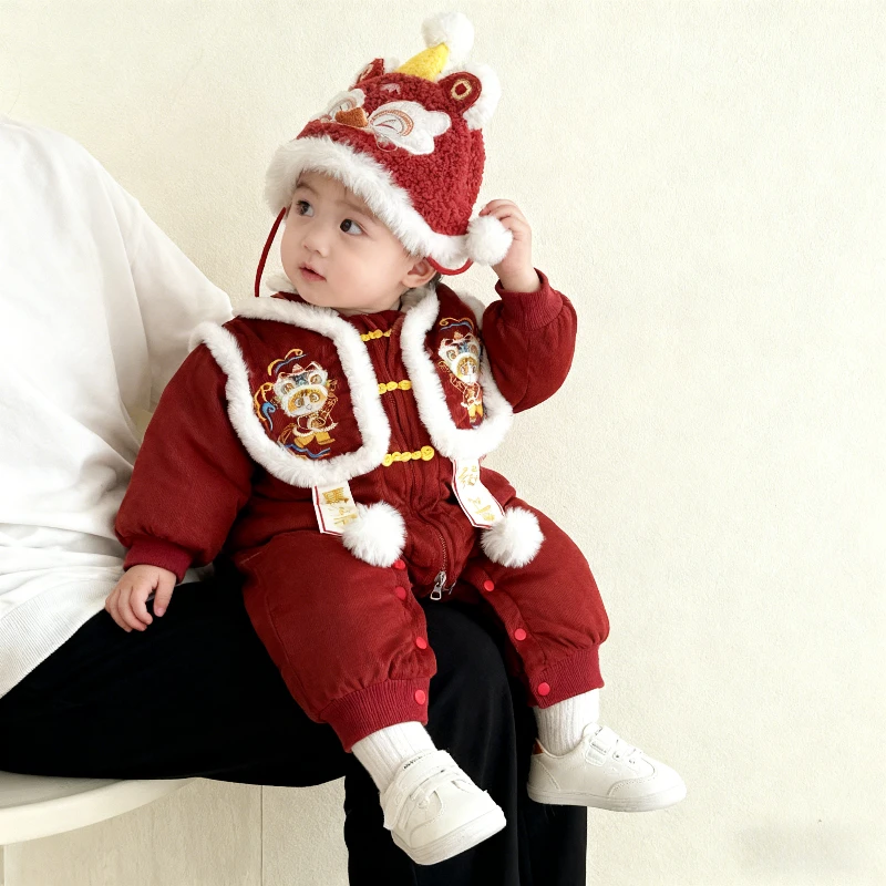 婴儿冬季龙年连体衣周岁抓周礼服男女宝宝过年新年喜庆拜年衣服