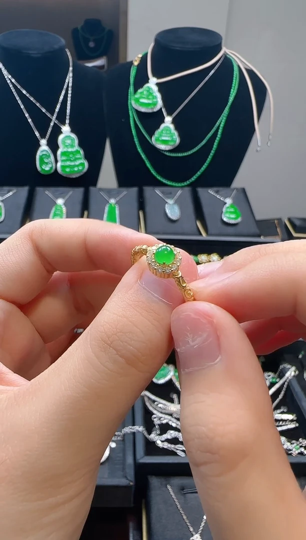 翡翠戒指银S925镀金镶嵌镀金戒指