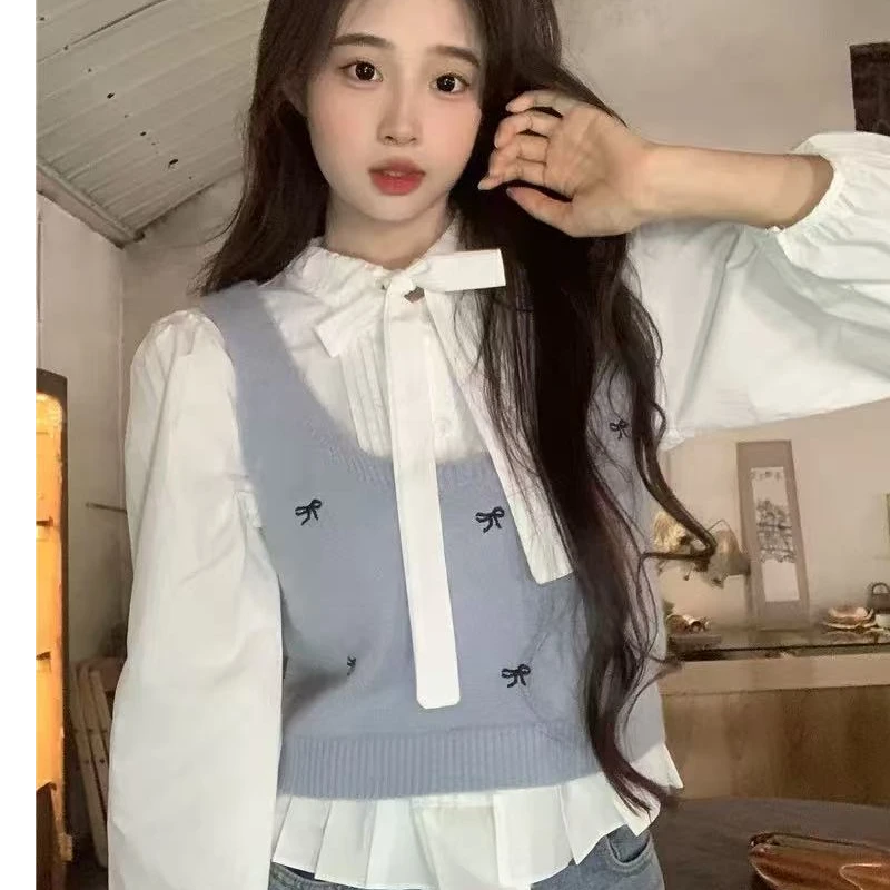 自留款推荐~木耳边压褶系带领衬衫女蝴蝶结刺绣马甲毛衣两件套潮