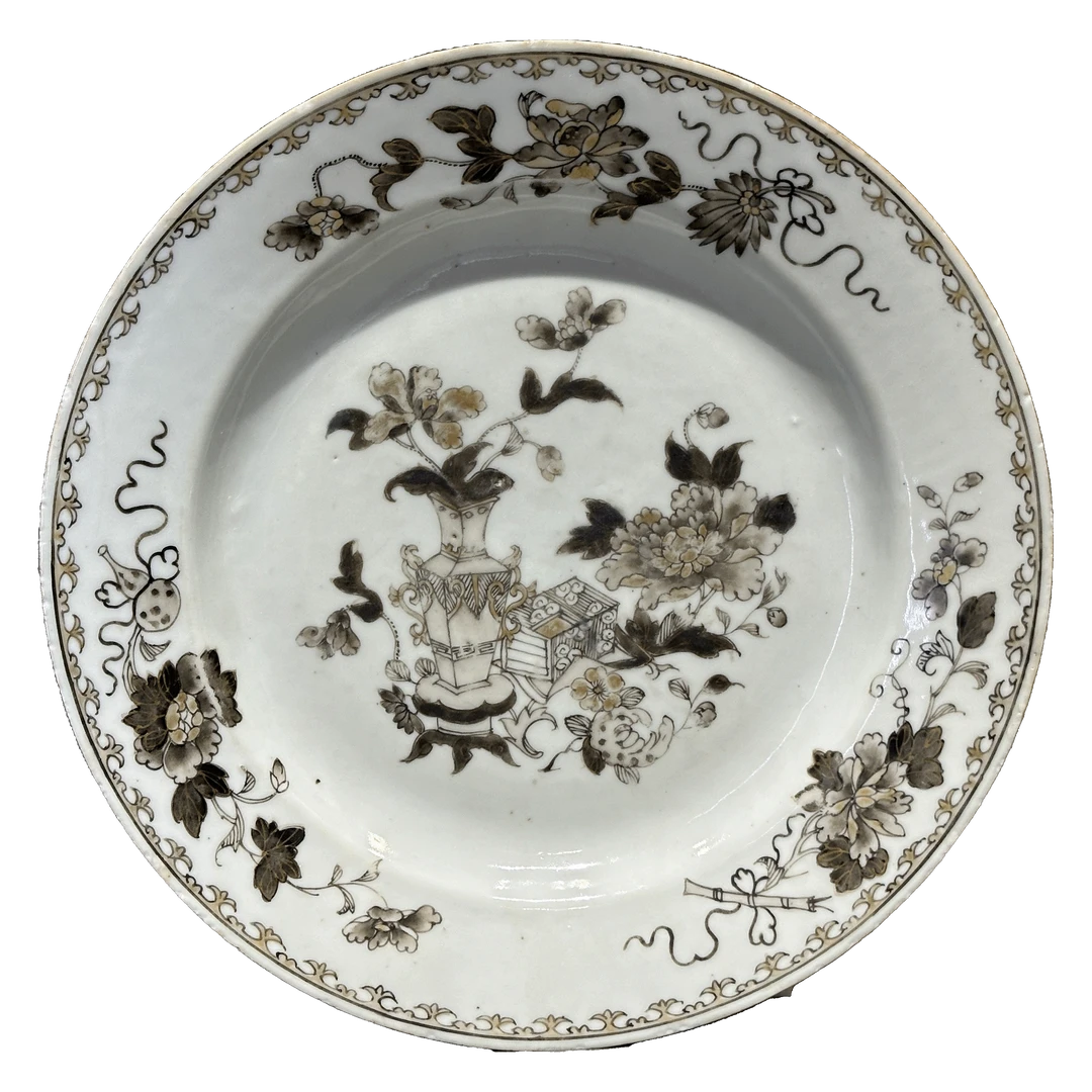 25030025y墨彩描金平安富贵博古花卉盘