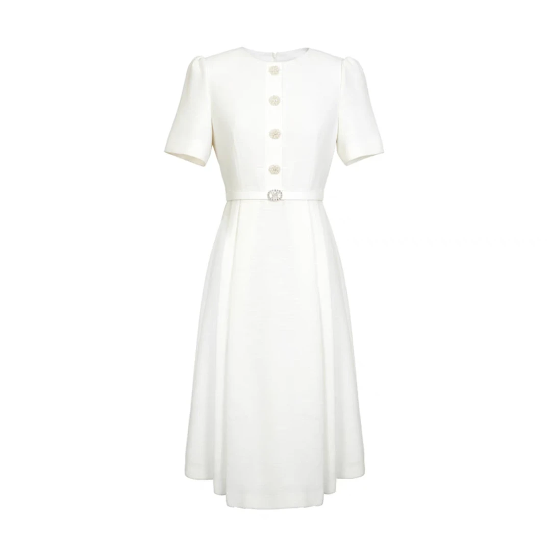 【朗】圆领设计感收腰通勤单排扣连衣裙-LY810