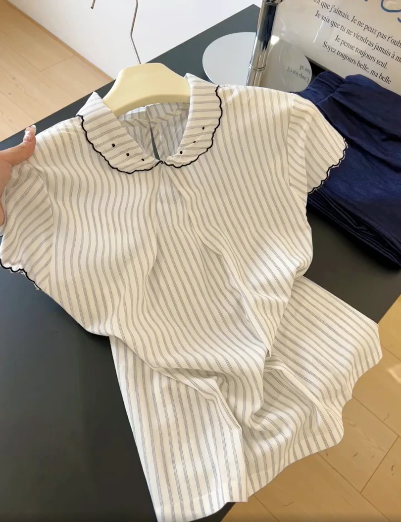 2025夏季新款韩版甜美娃娃领条纹短袖衬衫女修身显瘦打底衫上衣潮