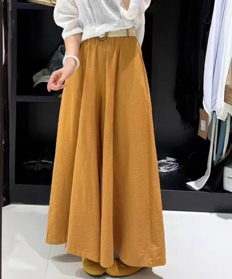 【含腰带】气质松紧裙裤中国风夏季高腰长款松紧腰裤时尚百搭阔腿裤
