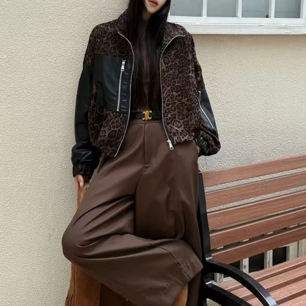 【雨田定制】豹纹拼接夹克短款重工外套潮流设计上衣