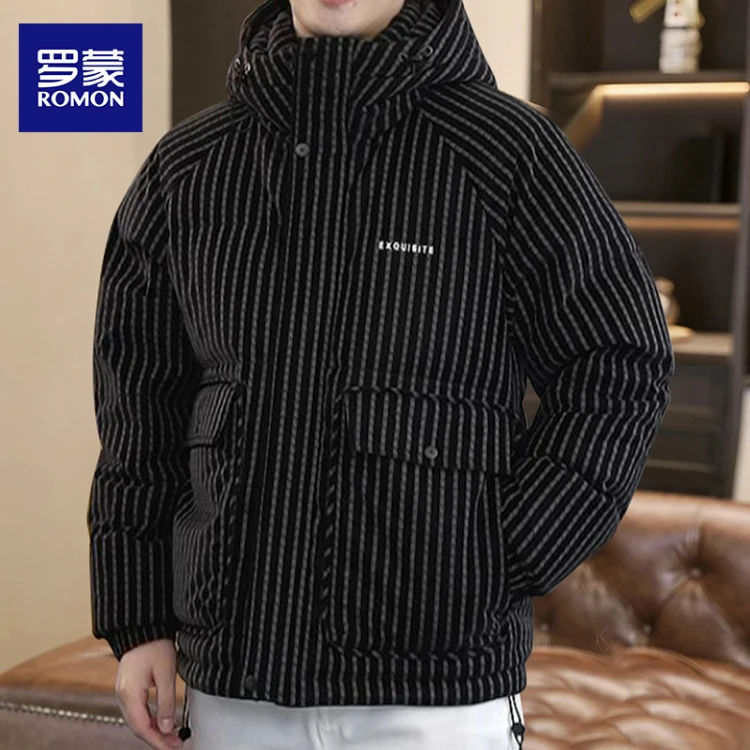 罗蒙潮牌保暖休闲痞帅高级感抗皱条纹高级感羽绒服男装冬季新外套