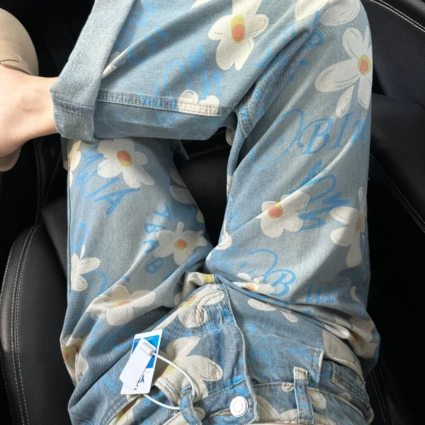 洋气2025小雏菊阔腿牛仔裤女春秋季宽松拖地设计感直筒长裤子潮