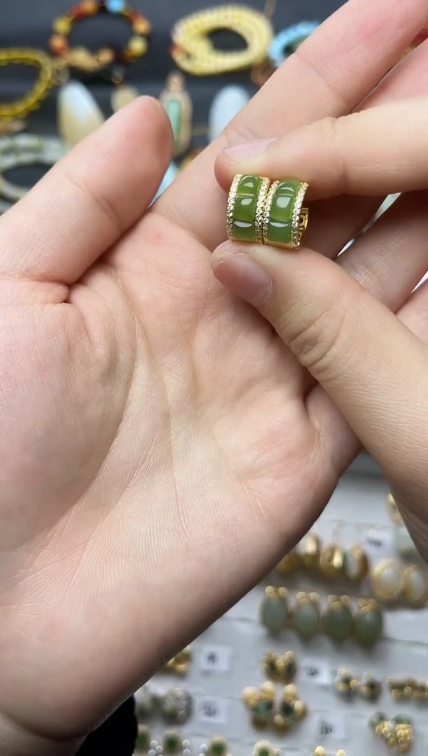 银S925镶嵌和田玉耳饰方糖耳扣06