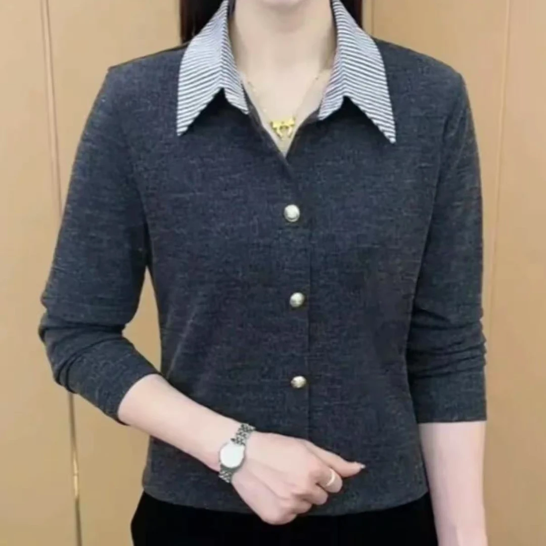2025春季时尚洋气新品撞色简约纽扣潮流翻领百搭显瘦上衣女