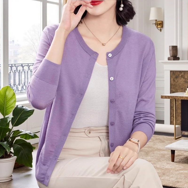 纯100羊绒衫薄款针织开衫女2025年春秋新款女士妈妈保暖毛衣外套